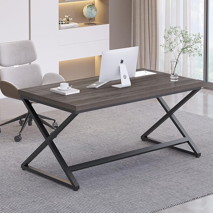 IBF Grey Home Office Desk Modern Computer Desk for Writing Study Wood Metal Rustic Pc Gaming Executive Work Desk Industrial Workstation Computer Table in Bedroom Dark Gray Oak 55 Inch