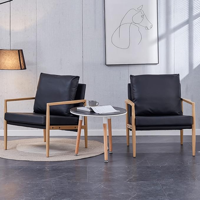 Generic Sofa Chair.Black PU Leather Accent Arm Chair Mid Century Modern Upholstered Armchair with Imitation Solid Wood Color Metal Frame Padded Backrest and Seat Cushion Sofa Chairs for Living Room