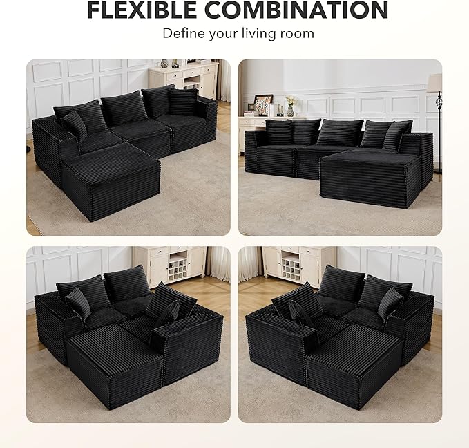 107 Modular Sectional SofaModern Cloud Sectional Couch with Deep Seat L-Shape Boneless Couch with Chaise for Living Room Apartments Bedroom No Assembly Required (3 Seater + 1 Ottoman)Black