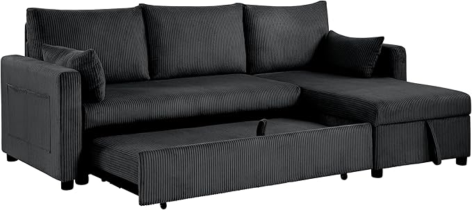 Sectional Sleeper Sofa with Pull Out Bed LShape Convertible Sofa Bed Couch with Storage Chaise 3 in 1 Pull Out Sofa Bed with 3 Seats for Living RoomApartment Black 85Inch