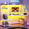 L Shaped Gaming Desk with LED Lights &amp Outlets55 Computer Desk with Shelves &amp Storage HutchReversible Corner Gaming Table with Printer Space &amp Monitor Stand for Game RoomHome OfficeWh
