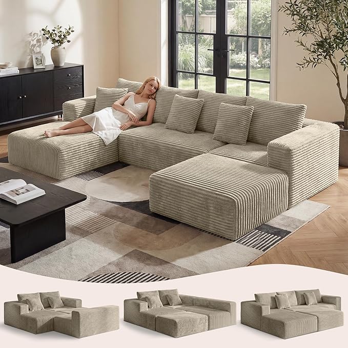 Belhome 135 Oversized Modular Sectional Sofa U-Shaped Cloud Couch with 59 Deep Seat Corduroy Boneless Couch with Convertible Chaise High-Resilience Foam Compression Sofa Camel 3 Packages