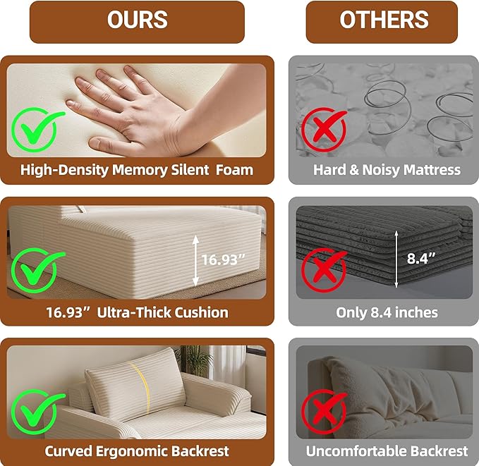68 Overized Boneless Chaise Lounge Chair IndoorDeep Seat Sleeper Sofa Cloud Couch with PillowComfy Corduroy Boneless Cloud Seat for Living Room Apartment Office(Khaki Oversized Chaise Lounge)