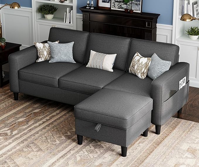 Sectional Couches for Living Room 78 Convertible L Shaped Couch with Removable Storage Ottoman 3 Seater Sofas Modern Linen Dark Grey Sofa for Apartments Studios Dorms Small Spaces