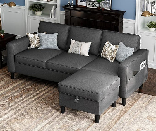 Sectional Couches for Living Room 78 Convertible L Shaped Couch with Removable Storage Ottoman 3 Seater Sofas Modern Linen Dark Grey Sofa for Apartments Studios Dorms Small Spaces