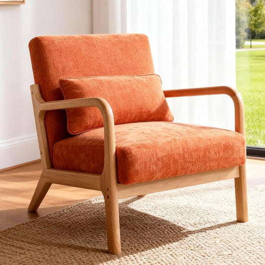 Mid Century Modern Accent Chair with Solid Wood Frame Comfy Reading Lounge Chair with Detachable Lumbar Pillow for Living Room Bedroom Office Vintage Small Wooden Armchair for Waiting Room (Orange)