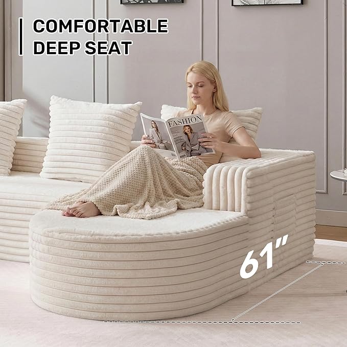 Boneless Cloud Couch Modular Sectional Sofa L-Shape with Chaise 102 Soft Faux Fur Deep Seat &amp 3 Pillows &amp 2 Side Pockets for Living Room Bedroom (Beige Right Chaise)