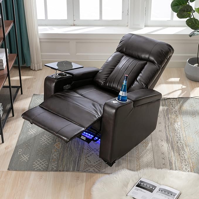 Brown Power Recliner Chair with Cupholders &amp Storage - Armchair Electric Reclining with USB Port 360° Swivel Tray Table Cell Phone Stand Ambient Lighting Leather Living Room Chair for Home The
