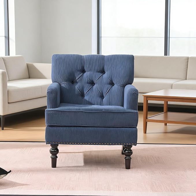 Accent Chair for Living Room Mid-Century Armchairs for Small Spaces Chenille Upholstered Comfy Reading Armchair with Studded for Bedroom (Blue)