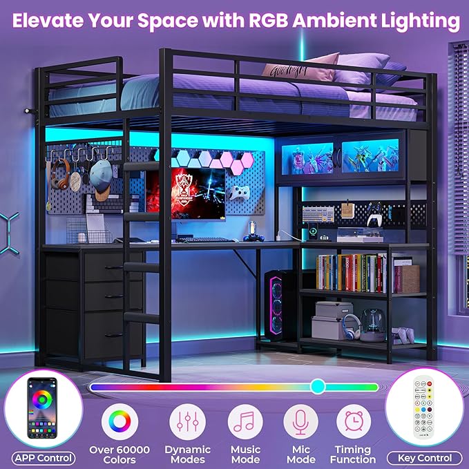 ADORNEVE Twin Size Loft Bed with L-Shaped Gaming Desk Storage Drawers &amp Hutch Expanded Safety Power Outlet Metal Loft Bed Frame with RGB Lights Space Saving for Teens Black