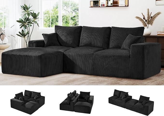 108 Modular Cloud Sectional Sofa 17.8 Comfort Height &amp Neck Pillow Modern Corduroy Couch with L-Shape Oversized Chaise for Living Room Bedroom No Assembly Required (Black)