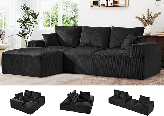 108 Modular Cloud Sectional Sofa 17.8 Comfort Height &amp Neck Pillow Modern Corduroy Couch with L-Shape Oversized Chaise for Living Room Bedroom No Assembly Required (Black)