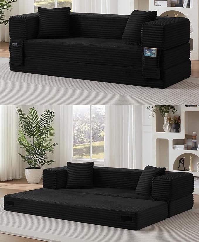 78.8 Convertible Sofa BedFuton Boneless CouchFolding Pull Out Futon Sofa (Black) | Convert to bed Storage Pocket No Assembly Corduroy Fabric Family size Ease of assembly