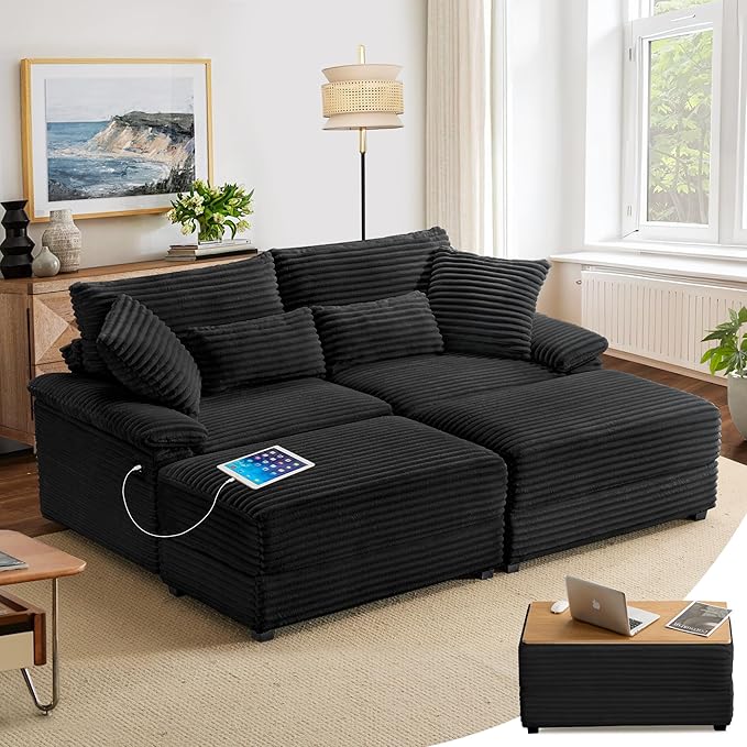 SUNWAVE 74 W Double Chaise Lounge Chair Indoor Oversized Loveseat with Storage Ottoman Corduroy Couch with USB Charging Removable Ottoman and Coffee Table Cushions for Living Room Bedroom