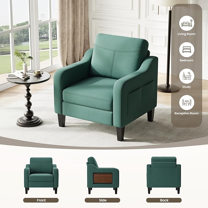 Accent Chair for Living Room Modern Linen Upholstered Armchair Side Wooden Fabric Sofa Chair with Foldable Table 2 Side Pockets Comfy Reading Chair for Bedroom