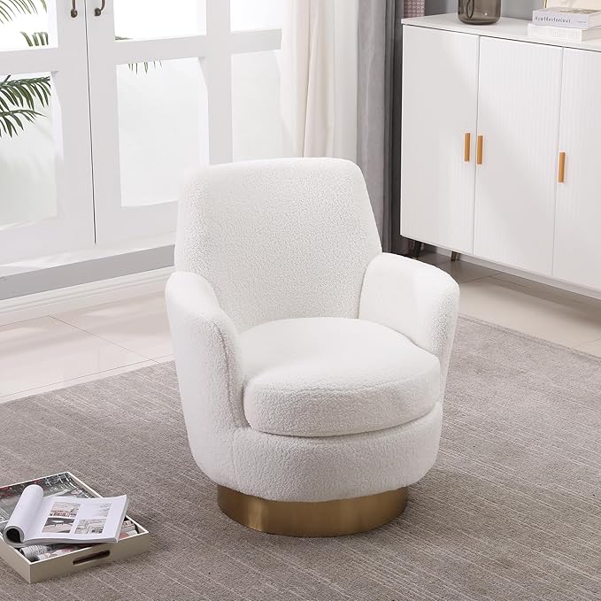 SLEERWAY 360° Swivel Barrel Chair Set of 2 28.3 Modern Teddy Round Accent Chair Comfy Upholstered Small Armchair with Gold Metal Base for Living Room Bedroom Nursery Office Sillas para Sala Ivory