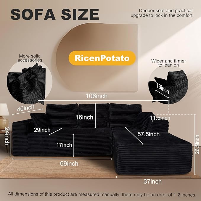 106'' Cloud Sectional Couch L-Shape Couch with Deep Seat Sectional Sofa Living Room Sofa No Assembly Required Black Right Chaise Corduroy Fabric