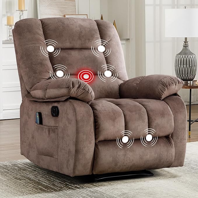 EBELLO Massage Recliner Chair with Vibration Massage and Heat Soft Fabric Overstuffed Manual Reclining Sofa Chair for Living Room with Side Pocket Light Brown