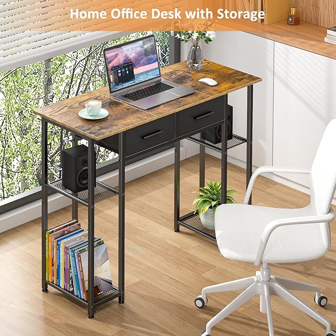 Computer Desk with Drawers 37.3 Inch Home Office Work Desk with Storage Shelf Kids Teens Study Table for Small Space Small Writing PC Table for Bedroom Makeup Vanity Desk Brown