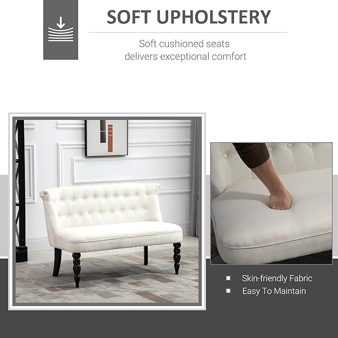 HOMCOM Upholstered Armless Fabric Loveseat with Button Tufted Design for Living Room with Wood Legs Cream White
