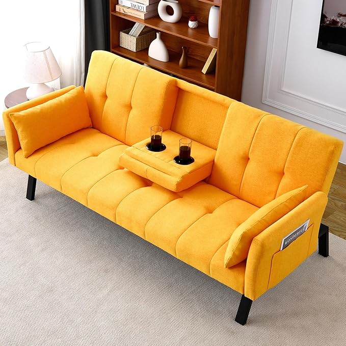 72 Cotton-Linen Futon Couch Living Room Couch Bed Convertible Sleeper Sofa Bed with Cup Holder for Bedroom Guest Bed 2 Seater Reclining Sofas Couches with Nailhead Trim for Small Space (Yellow)