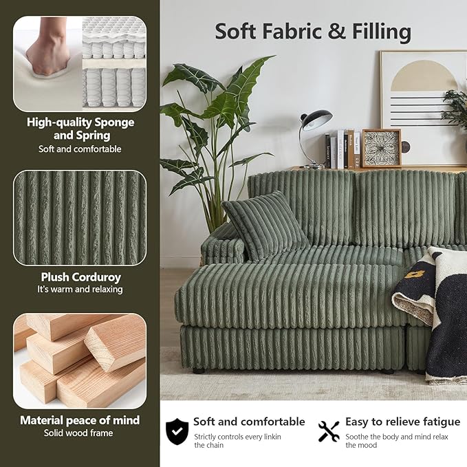 84 Cloud Sectional Couch Plush Corduroy Sofa with 2 Ottoman 2storage Spaces and Cup-Holding 3-Seat Memory Foam Cloud Couch sectional couches for Living Room Apartment (Army Green)