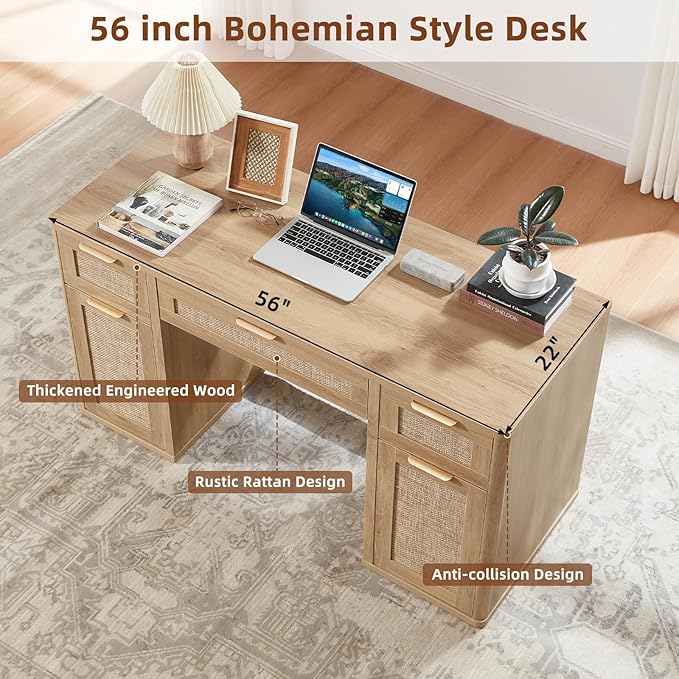 LEYAOYAO Office Desk 56 with 5 Drawers Storage File Cabinet Rattan Wood Desk for Computer Office Bedroom Home Furniture Natural