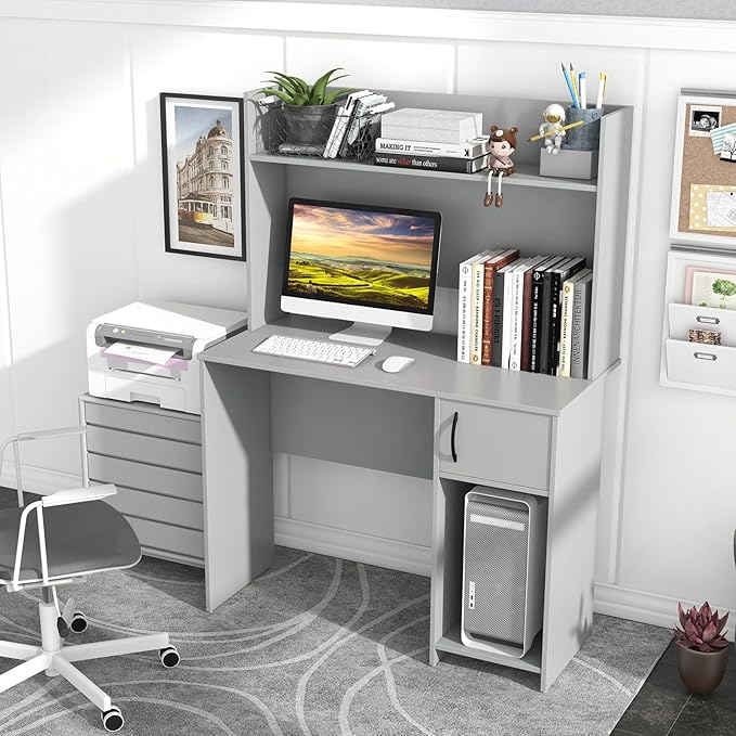 Tangkula Computer Desk with Hutch Home Office Desk with Raised Display Shelf &amp 2 Open Shelves Cabinet with Door Cable Management Holes Modern Laptop PC Desk Study Writing Desk for Bedroom (Gr