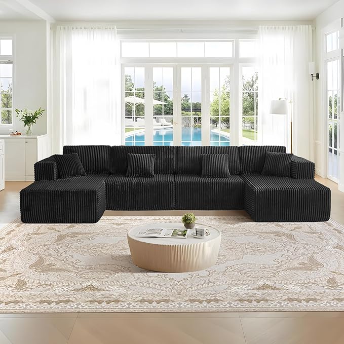 Oversized Modular Sectional Sofa Couch143.3 U Shaped Sofa Flannel Convertible Deep Seat 6 Seater Cloud Sofa for Large Living RoomTool-Free AssemblyBlack