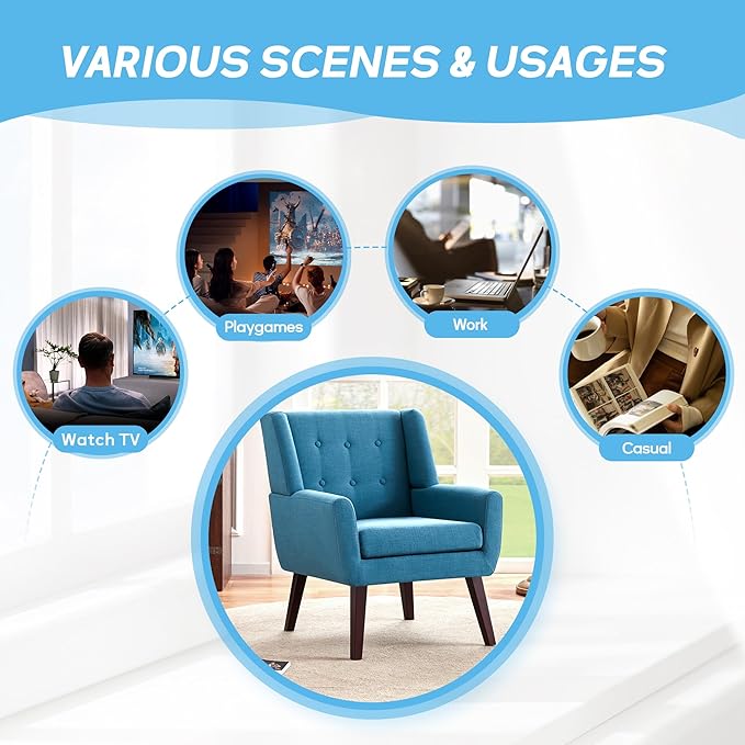 HUIMO Accent Chair Set of 2 Upholstered Button Tufted Armchair Linen Fabric Sofa Chairs for Bedroom Living Room Mid Century Modern Comfy Reading Chair (2Lake Blue)