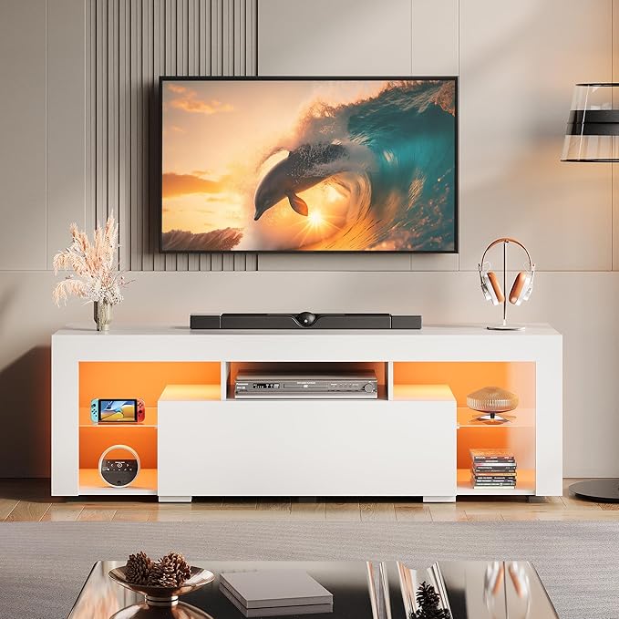 WLIVE TV Stand with LED Lights &amp 2 Large Storage Drawers Modern Entertainment Center for 32/43/50/55/60 Inchs TVs Sturdy TV Console for Living Room Bedroom(White)