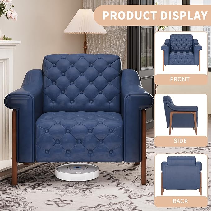 EJUNQ Cozy Accent ChairPU Leather Modern Living Room ChairsMid-Century Office Reading ChairSingle SofaArmchair for Bedroom Apartment Waiting Room(Dark Blue)
