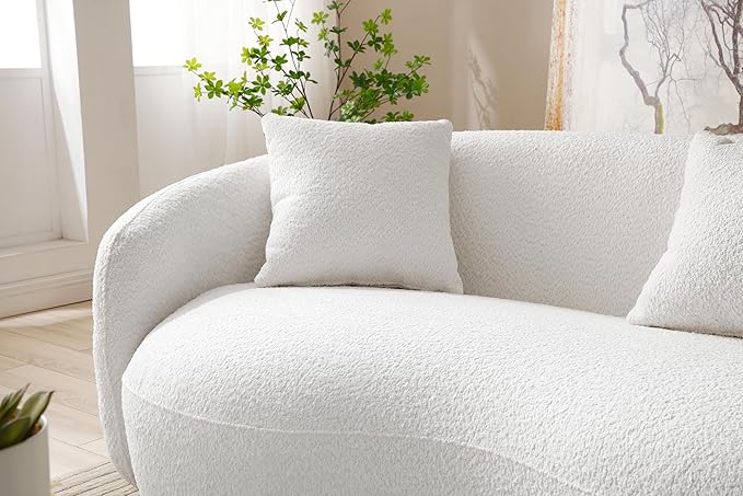 WILLIAMSPACE 94 Modern Curved Sofa Back Upholstered Boucle Couch with 3 Throw Pillows 3-Seat Boucle Fabric Couch for Living Room Office Apartment White
