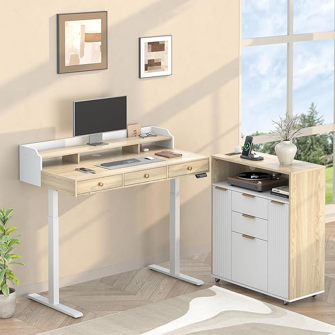 Home Office Standing Desk Set Fluted Cabinet with 3 Drawers and Door 47.2 x 26 Electric Stand Up Table with Storage Rolling Printer Stand on Wheels Mobile Light Walnut