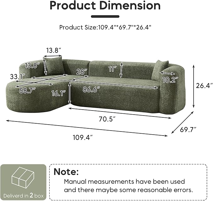 Oversized Sectional Sofa with Chaise with 2 Throw Pillows 109 Modern Luxury Chenille Sofa Extra Wide Seat L-Shape Curved Cloud Couch for Living Room (Left Chaise Green)
