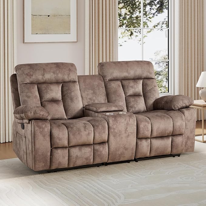EBELLO Loveseat Recliner Sofa for Living Room Extra Wide Modern Overstuffed 2 Seat Reclining Manual Sofa Chair with Hidden Armrest Cup Holders Breathable Fabric Brown