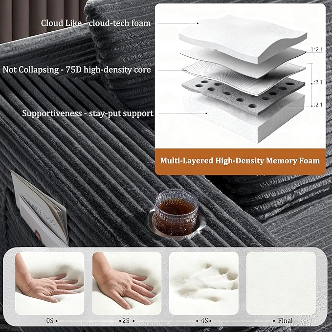 138 Cloud Sectional Couch Comfort U Shaped Sofa for Living Room Extra Deep Seats No Assembly Minimalist Modular Couch Corduroy (Dark Grey 6 SeatsU-Shape B)