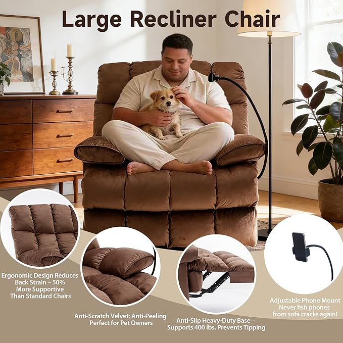 Euthymia Oversized Recliner Chair Big and Tall Recliner Chairs for Adults 400LBS Large Recliner Chair Extra Wide Recliner for Living Room Brown