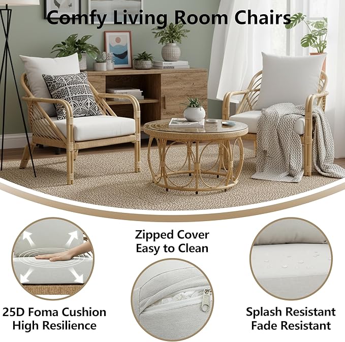 Living Room Chairs Aluminum Accent Chairs Set of 2 Comfortable Arm Chair with Glass Coffee Table Bedroom Accent Lounge Chair Boho Rattan Armchairs Modern Loveseat for Apartment Beige
