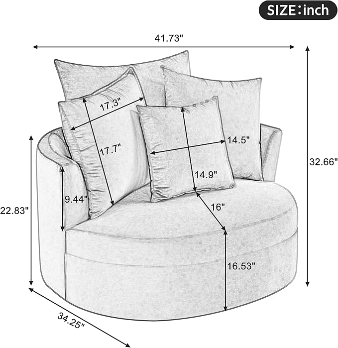 Modern Velvet Leisure Chair 360° Swivel Barrel Chair with 4 Movable Pillows and Metal Base Perfect for Living Room Bedroom Office Reception Area (Gray/Velvet+S)