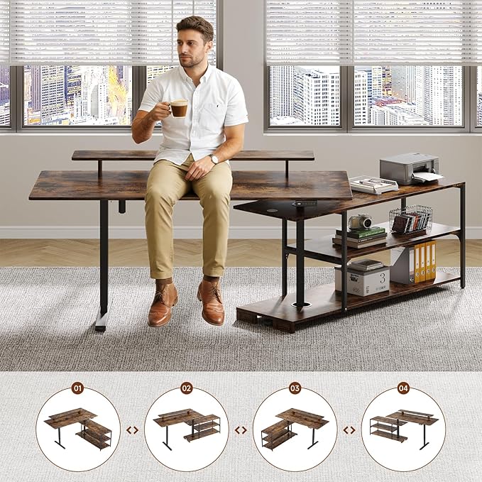 Standing Desk with File Cabinet 63x24'' L Shaped Electric Stand Up Desk with Adjustable Monitor Shelf Adjustable Height 28-46'' for Home and Computer Workstation Rustic Brown
