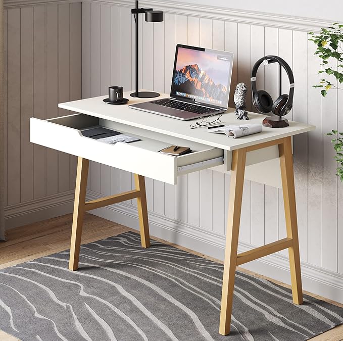 Modern Design Parma Small Desk for Bedroom White Writing Desk 42 Inch with Drawer by Crafts and Comfort