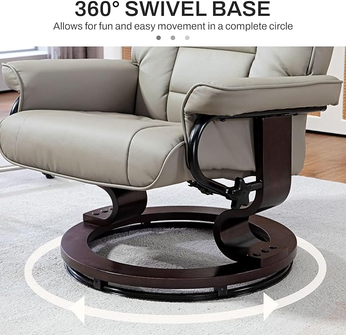 HOMCOM Faux Leather Reclining Chair Swivel Ottoman Chair Recliner with Ottoman with High Back and Wood Frame for Living Room Gray