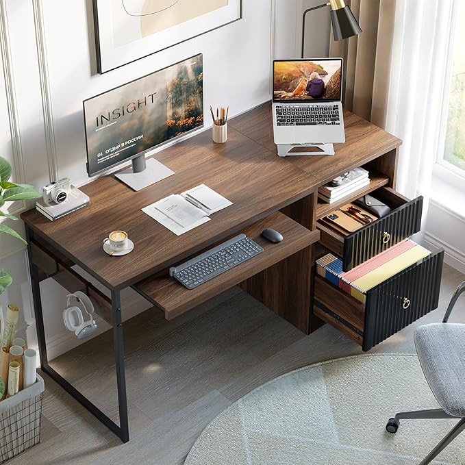 Bestier 55 Inch Computer Desk with Keyboard Tray Modern Office Desk with Storage Wood Writing Desk with File Drawer Fluted Panel &amp 2 Hooks for Home Office &amp Studio Cherry