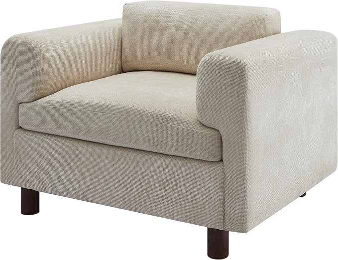 Modern Oversized Armchair Woven Velvet Comfy Accent Chair Single Sofa with Round Rubberwood Legs for Living Room Apartment Offices (Beige-Woven)