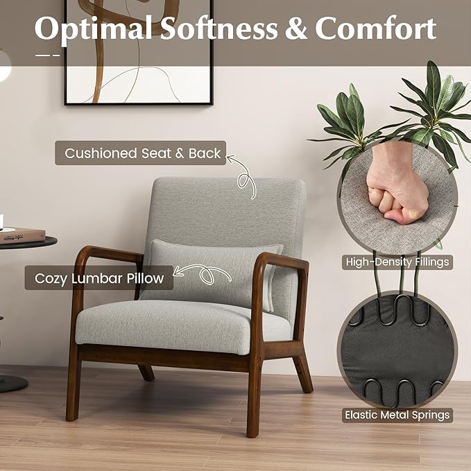 KOMFOTT Mid-Century Modern Accent Chair Set of 2 Living Room Leisure Chair with Cushioned Seat &amp Back Upholstered Armchair with Rubber Wood Frame &amp Lumbar Pillow Lounge Chair for Bedroom G