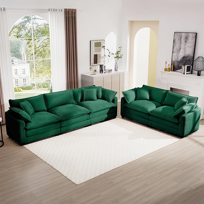mikibama Luxury 2 Piece Sofa Set 3-Seater &amp Loveseat Couch Set Modern Corduroy Comfy Cloud Couches Set for Living Room Office with 4 Armrest Pillows and 5 Toss Pillows Green
