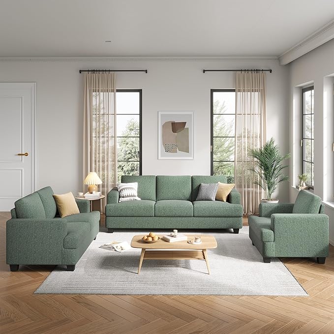 84 Inch Sofa with Extra Deep Seats Oversize Linen Fabric 2 Seater Sofa for Living RoomModern Couch and Loveseat Comfy Armrests and Seats and Backrests Easy Installation Light Green