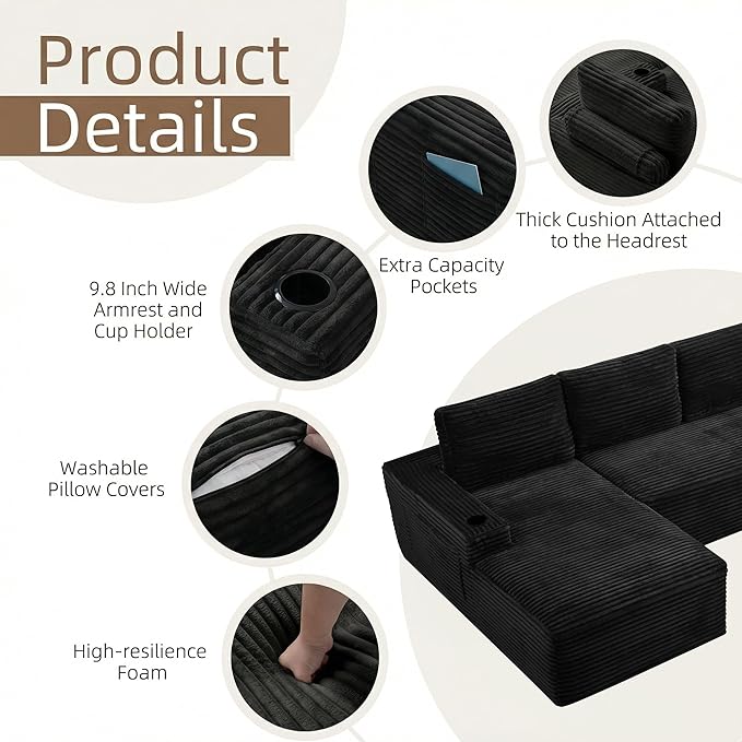 104 L Shaped Modular Sectional Sofa Cloud Sectional Couch with Deep Seats Built-in Cup Holders &amp Side Pockets Upholstered Boneless Modern Modular Sofa Couch with Chaise for Living Room Bedroom