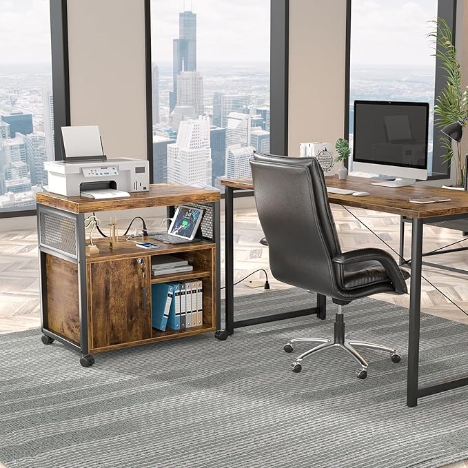 Unikito Rolling File Cabinet Lateral Filing Cabinet on Wheels Mobile Office Printer Stand with Door and Open Storage Shelf for A4 Letter Size and Hanging File Folders Lockable Rustic Brown